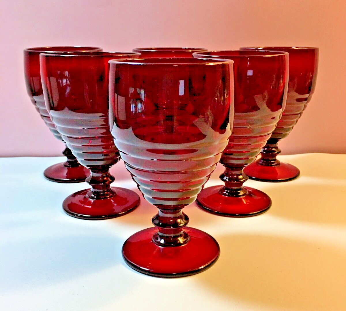 Set Of 6 Vintage PADEN CITY Ruby Red PENNY LINE Ribbed 8 oz. Water Goblets
