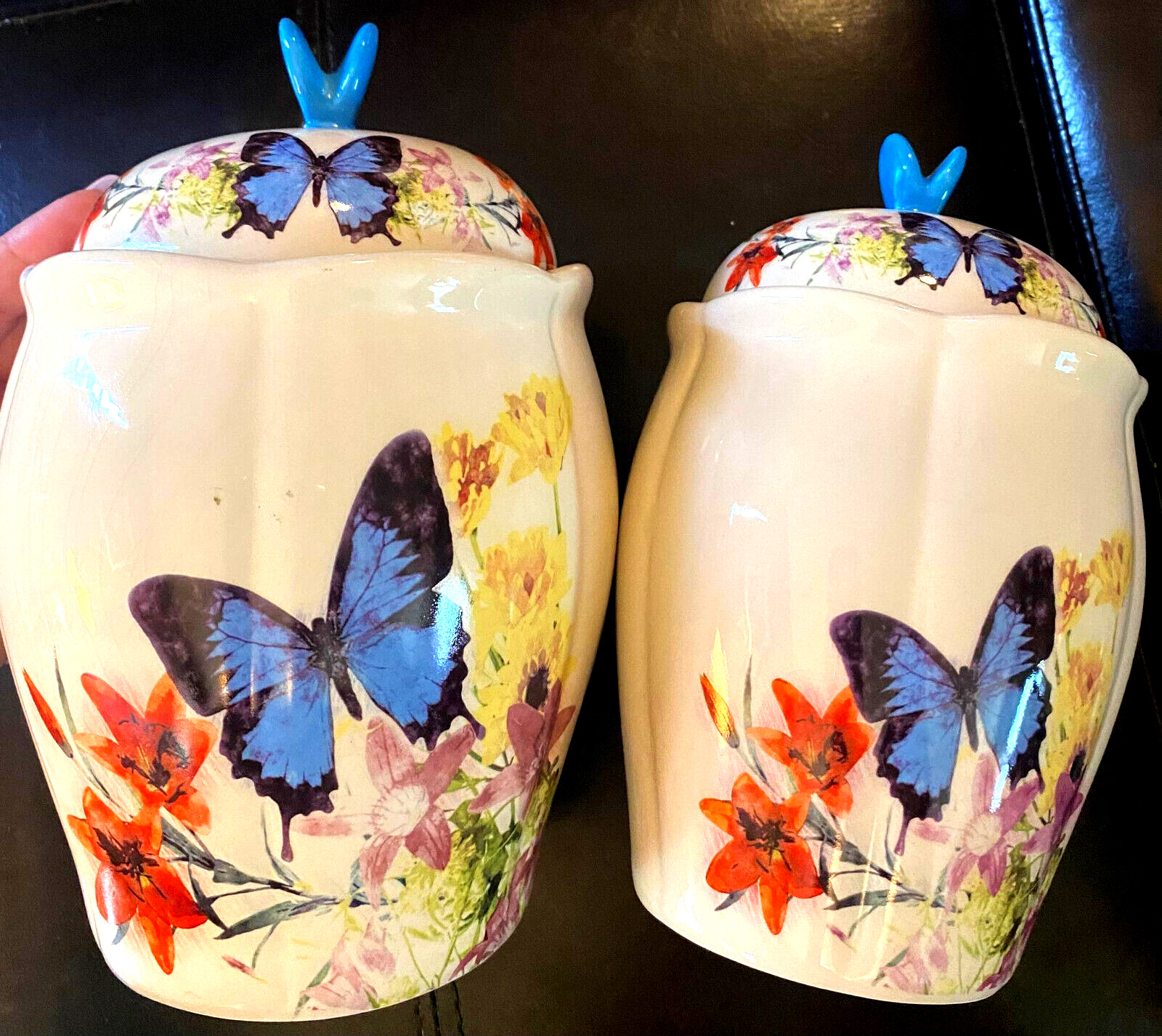 Beautiful Vintage Set Of Two 1980s Butterfly country kitchen ceramic canisters