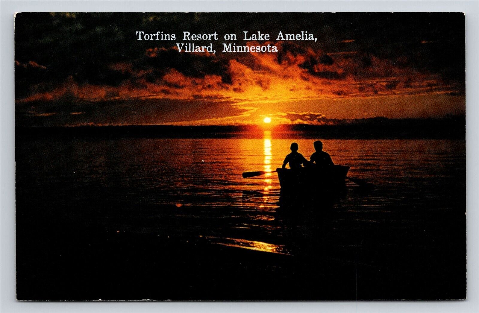 Villard MN Torfins Resort on Lake Amelia Row Boat at Sunset Vtg Postcard View