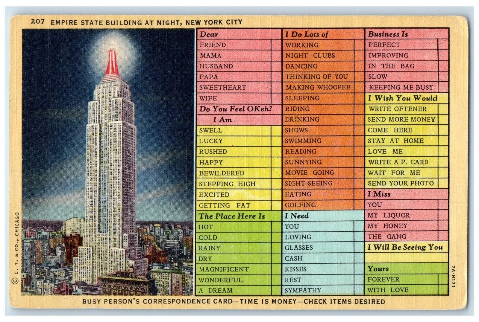 c1940's New York City New York Correspondence Checklist Empire State Postcard