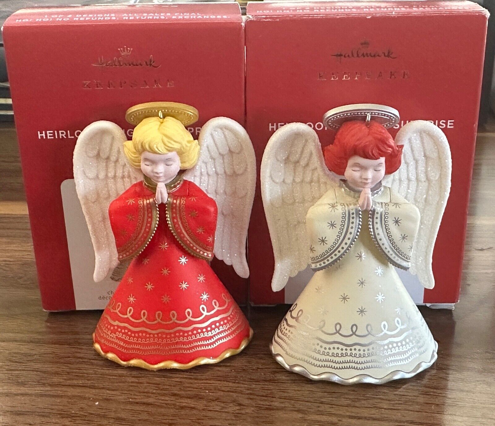 2021 Hallmark Set of 2 HEIRLOOM ANGELS Surprise Red & Ivory Keepsake Ornaments