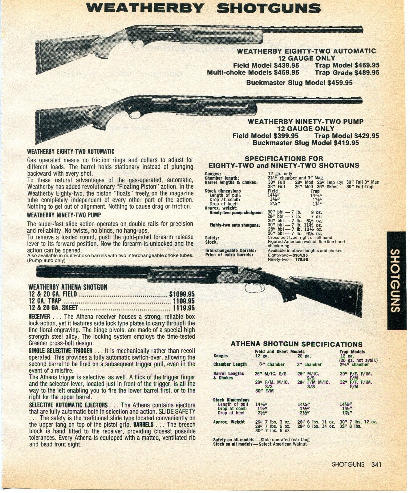 1984 Print Ad of Weatherby Eighty-Two Ninety-Two & Athena Shotgun