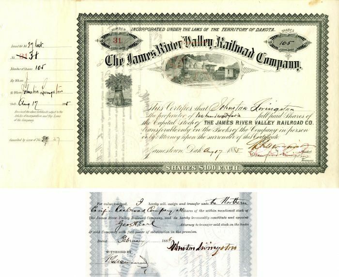 James River Valley Railroad Co. issued to and signed by Johnston Livingston, Cra