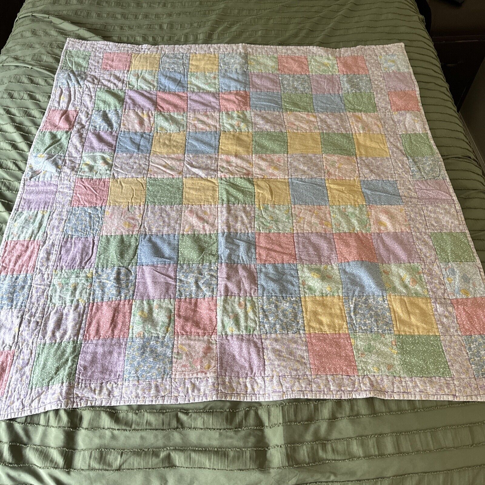 Handmade Patchwork Quilt Lap Blanket 44x45” Colorful Picnic Grandma Prairie Boho
