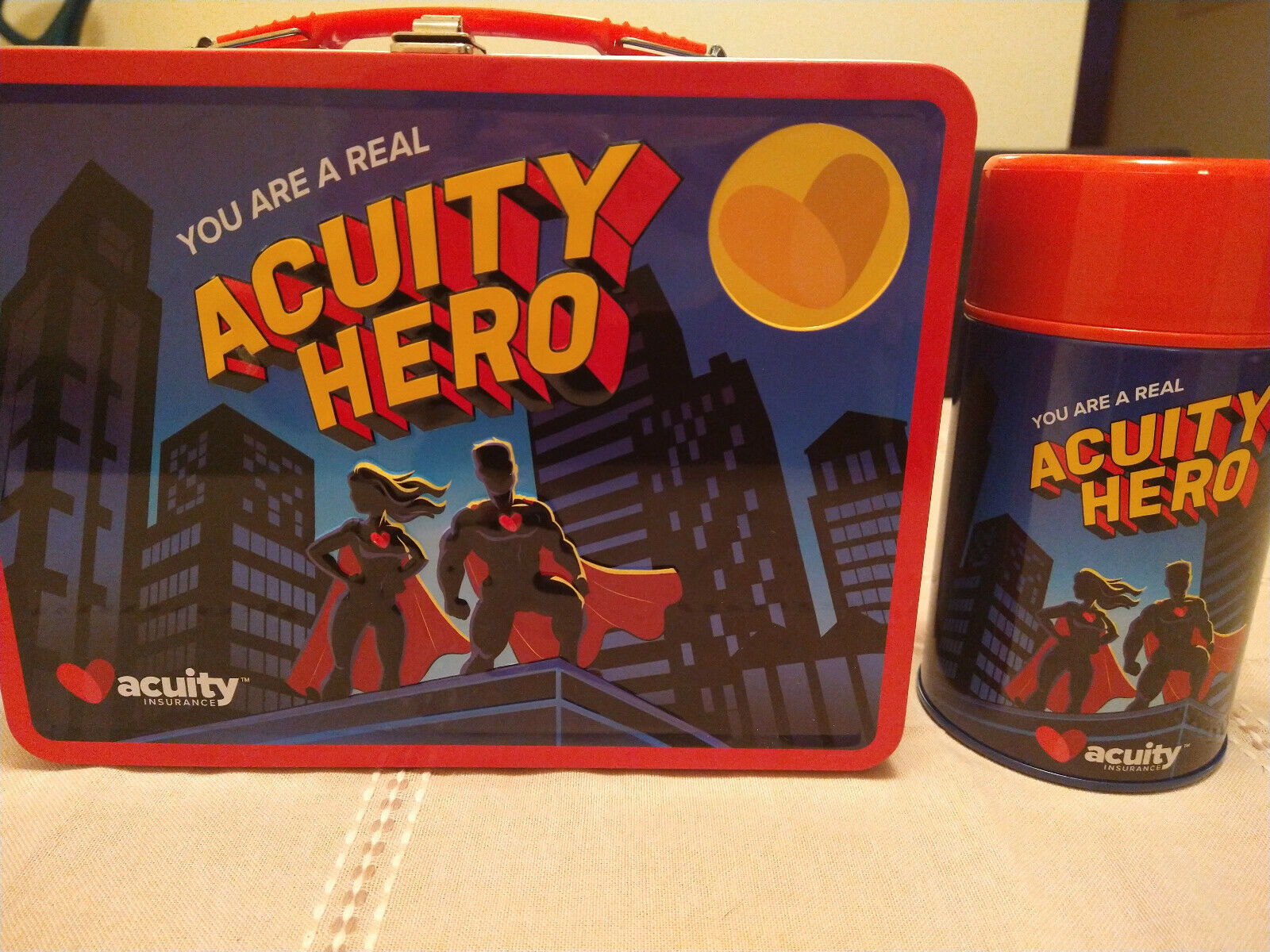 Vtg Acuity Insurance (You Are A Real Acuity Hero) Metal Lunch Box /Thermos