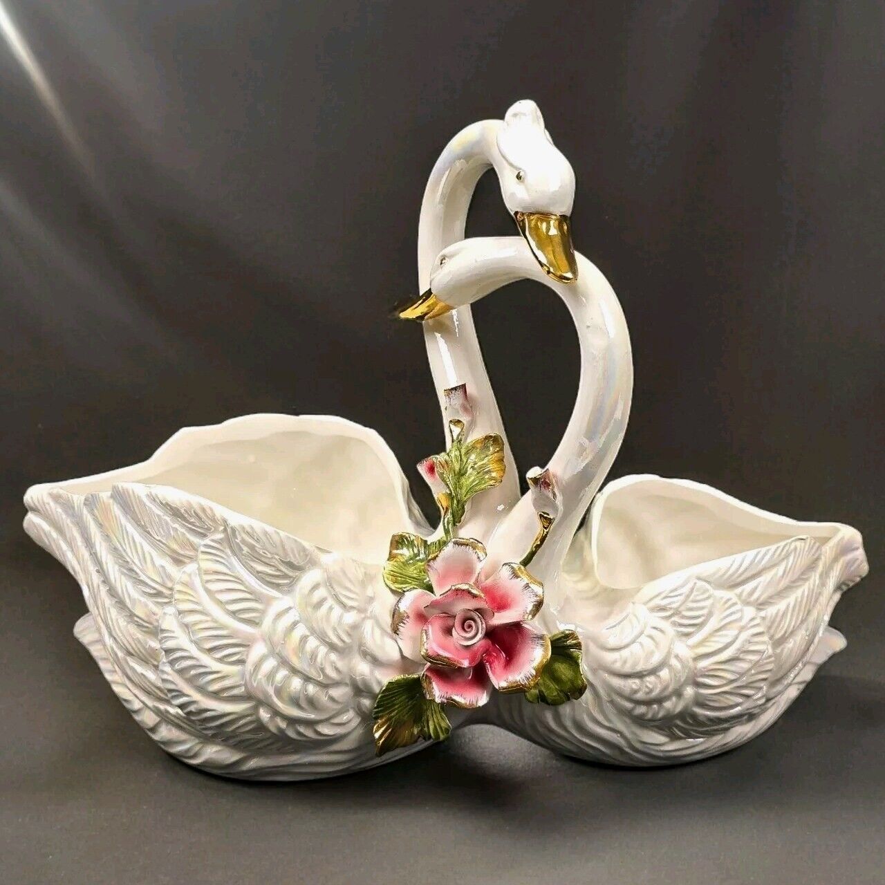 Capodimonte Double Swan And Roses Gold Accents Planter Decor Dish Italy Gnesotto