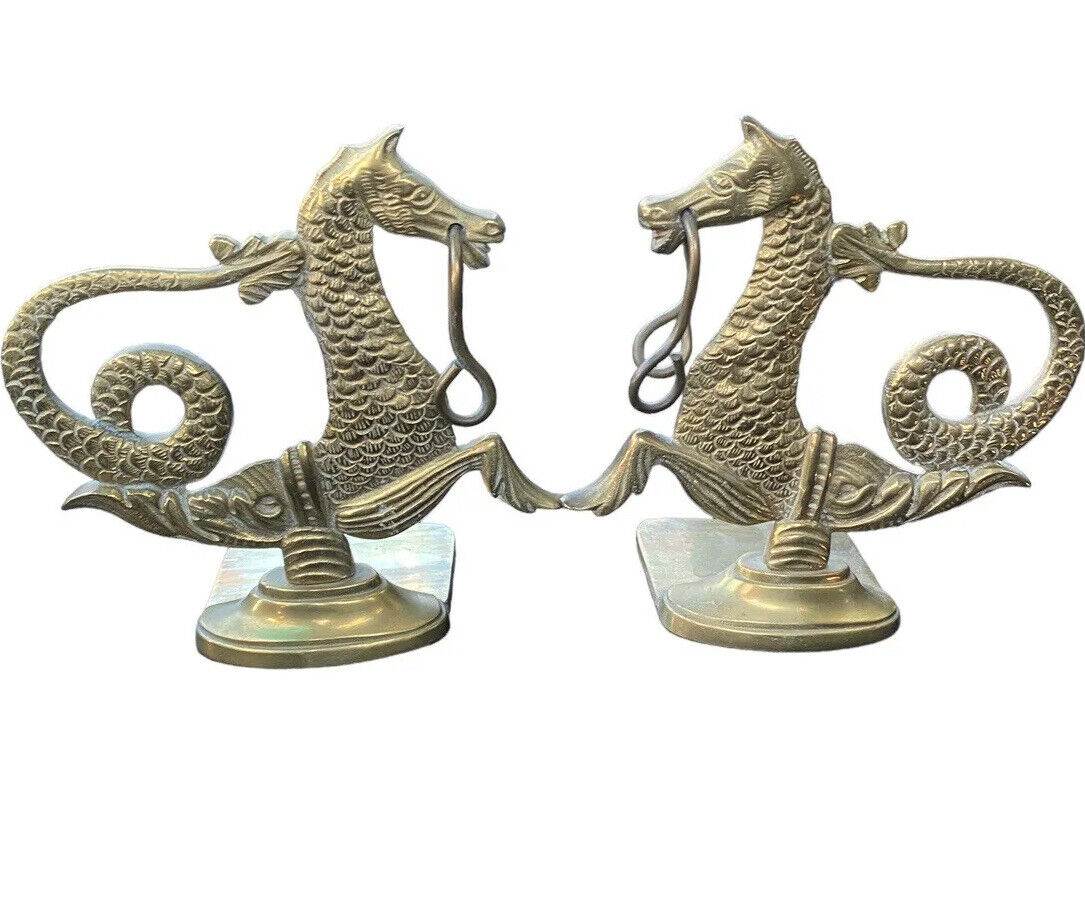 Vtg Venetian Brass Gondola Seahorse Hippocampus Set Pair Oar Locks Bookends Gold
