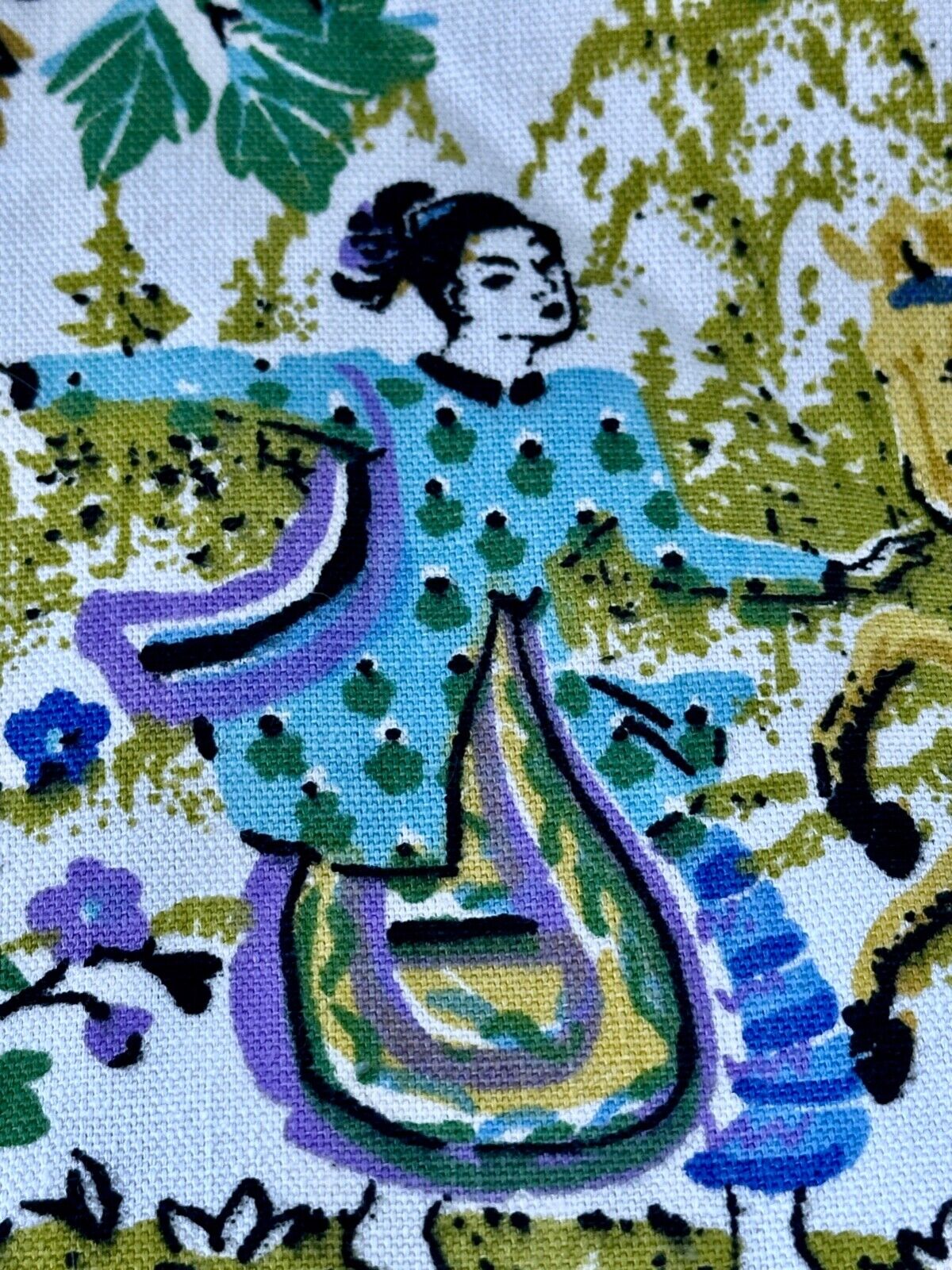 3YDS 1960\'s Chinese Tribal SHOGUN Oriental PAGODA Barkcloth Era Vintage Fabric