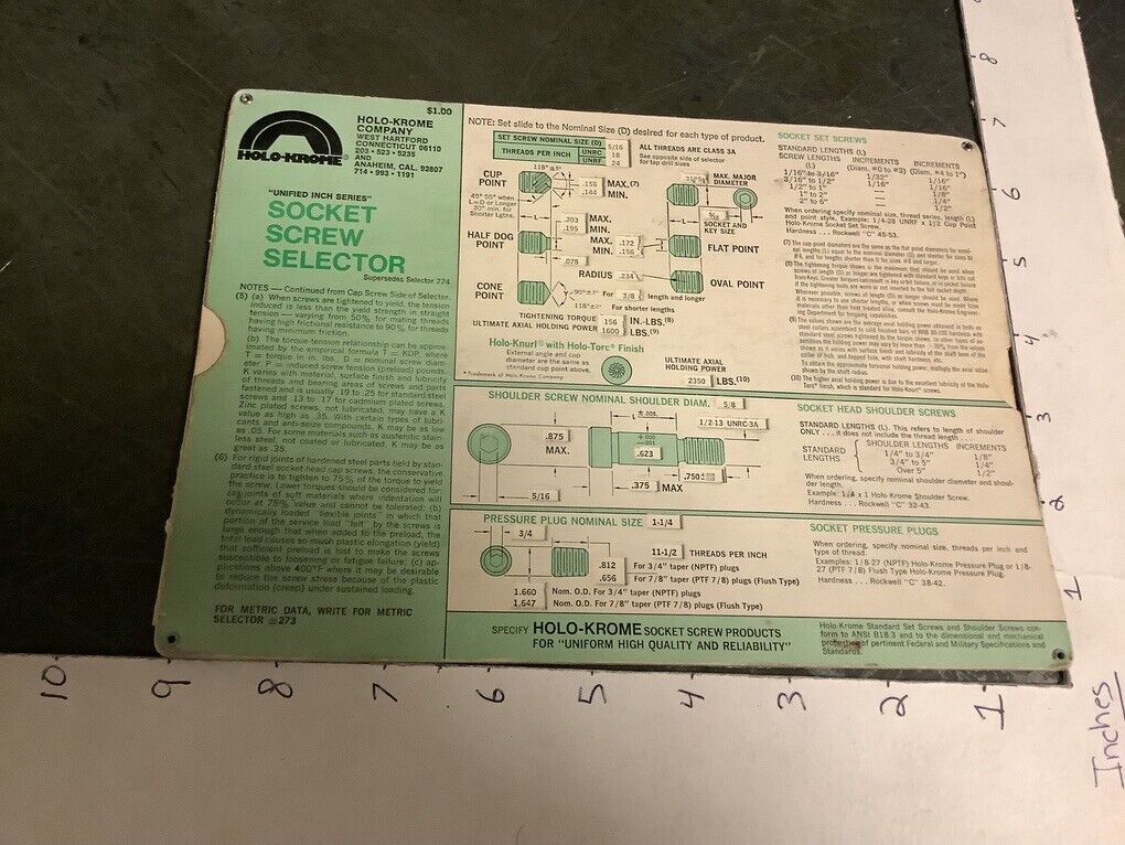 Vintage Original: 1977 SLIDING CARD -- SOCKET SCREW Selector - HOLO-KROME CO. 