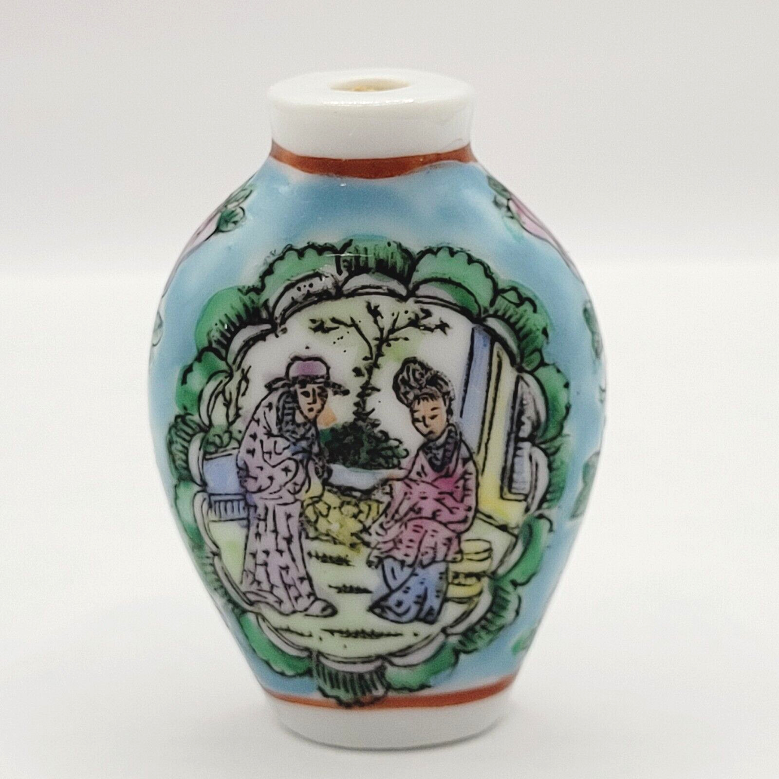 Snuff Bottle Asian Hand Painted Porcelain Ceramic Small  Couple in Garden Scene