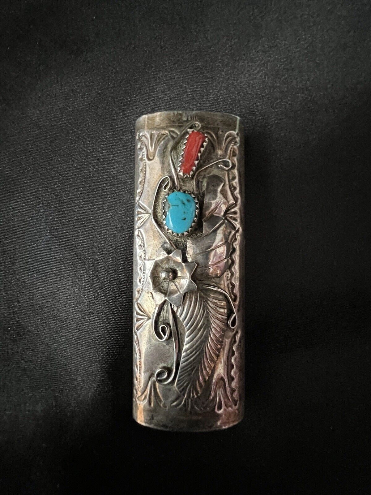 Vintage  Navajo Turquoise  & Coral Detailed  Sterling  Cigarette Lighter Cover￼