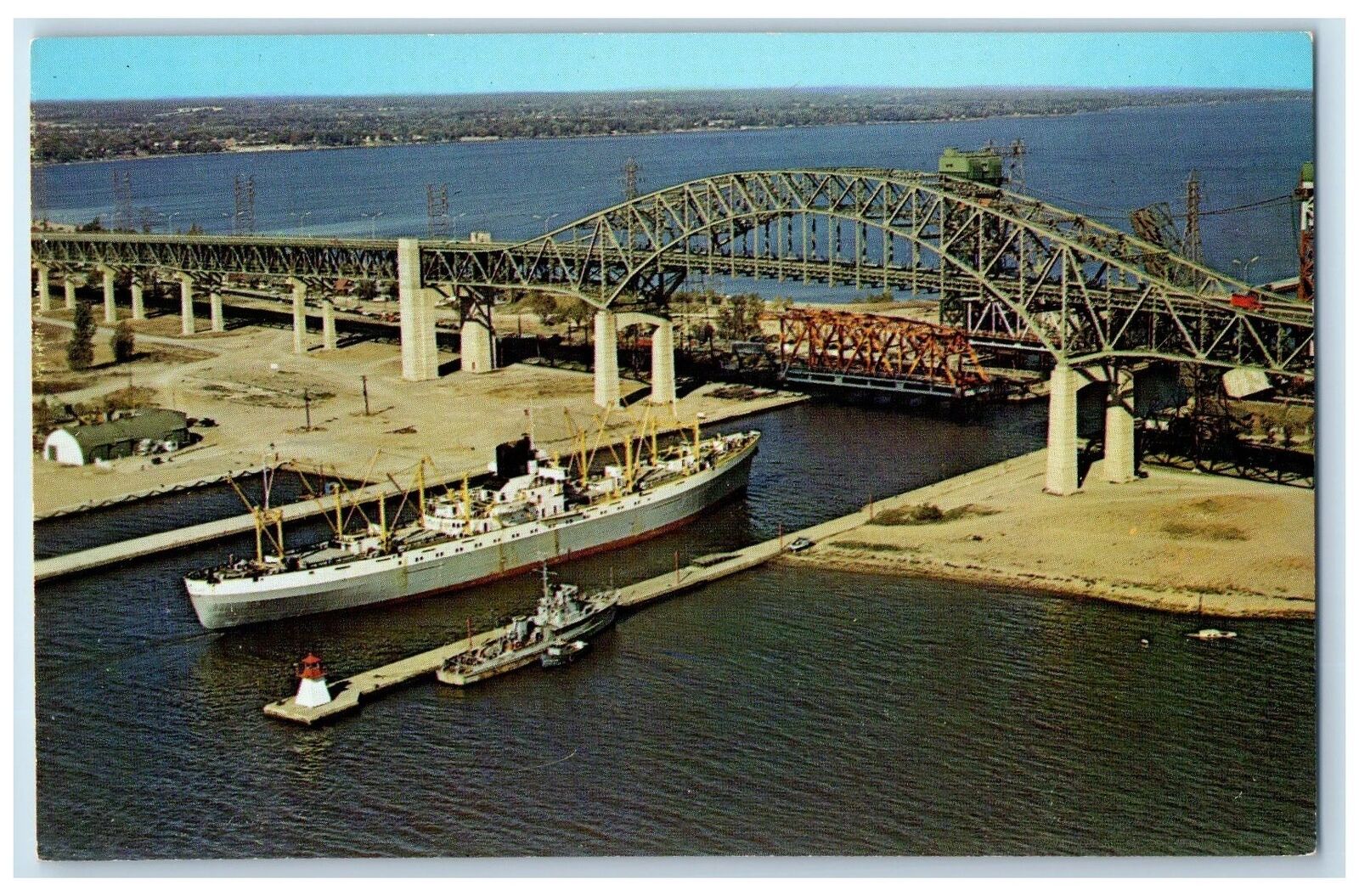 Burlington Skyway Bridge Hamilton Ontario Canada, Steamer Ship Scene Postcard