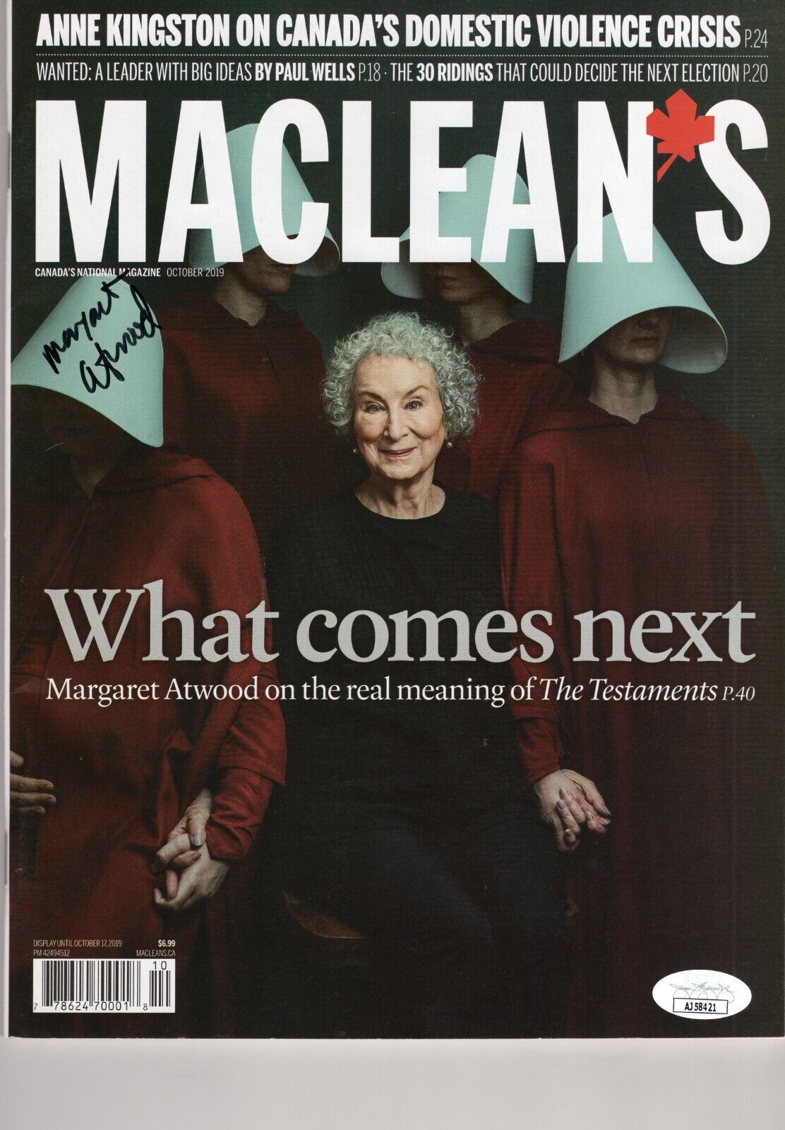 MARGARET ATWOOD SIGNED  MACLEAN'S MAGAZINE  THE HANDSMAID'S TALE JSA COA PROOF