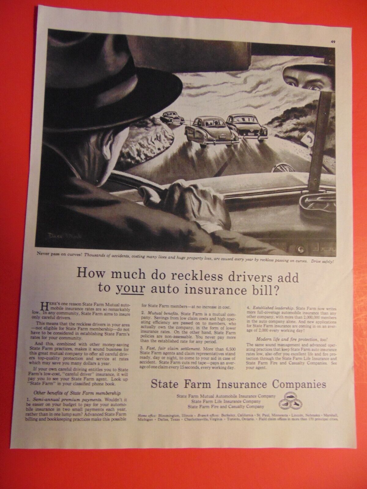 1952 STATE FARM INSURANCE CO. Reckless Drivers photo art print ad
