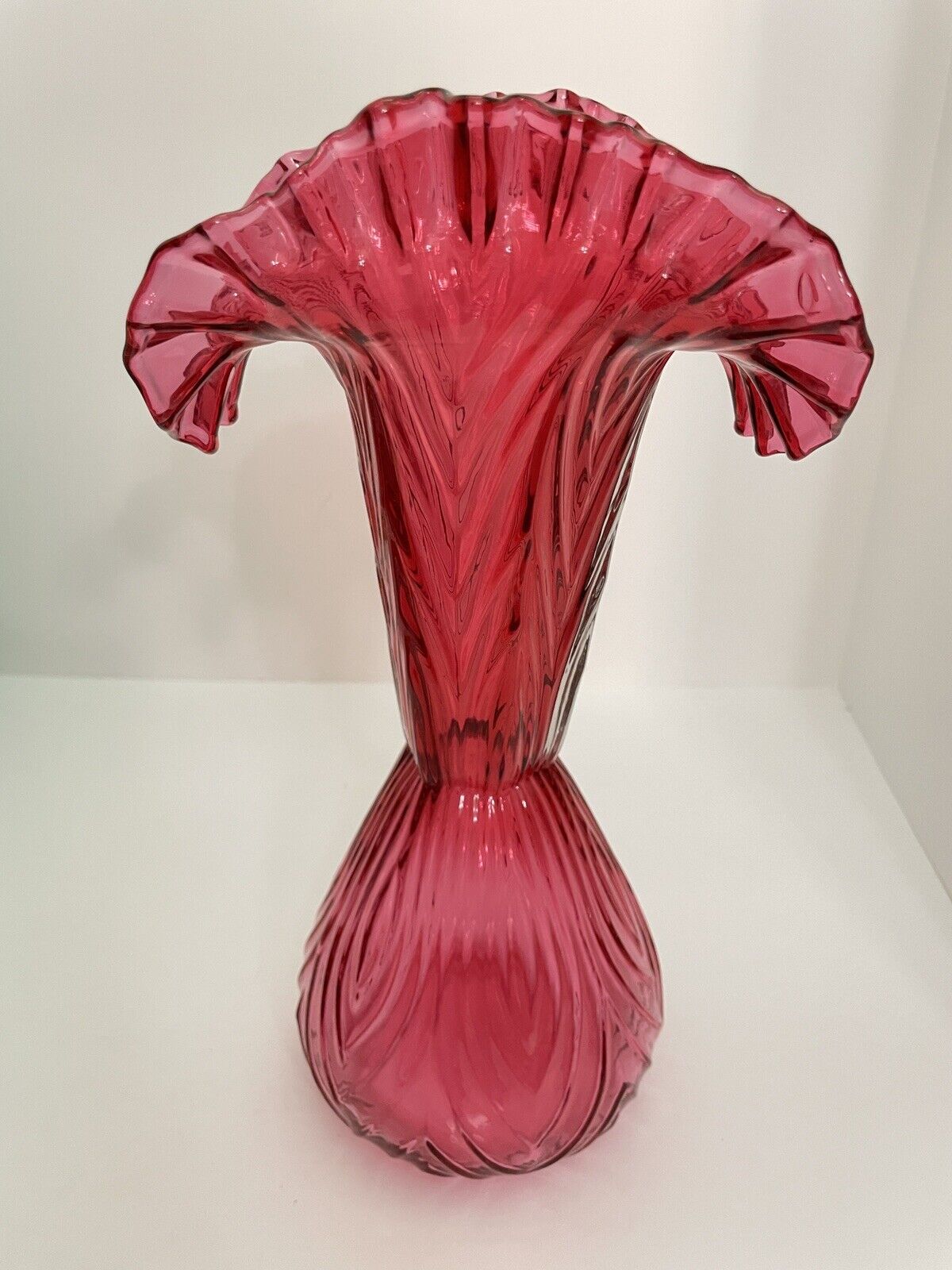 Vintage Fenton Ruffled Cranberry Glass Swirl Hand Blown Vase Crimped Excellent