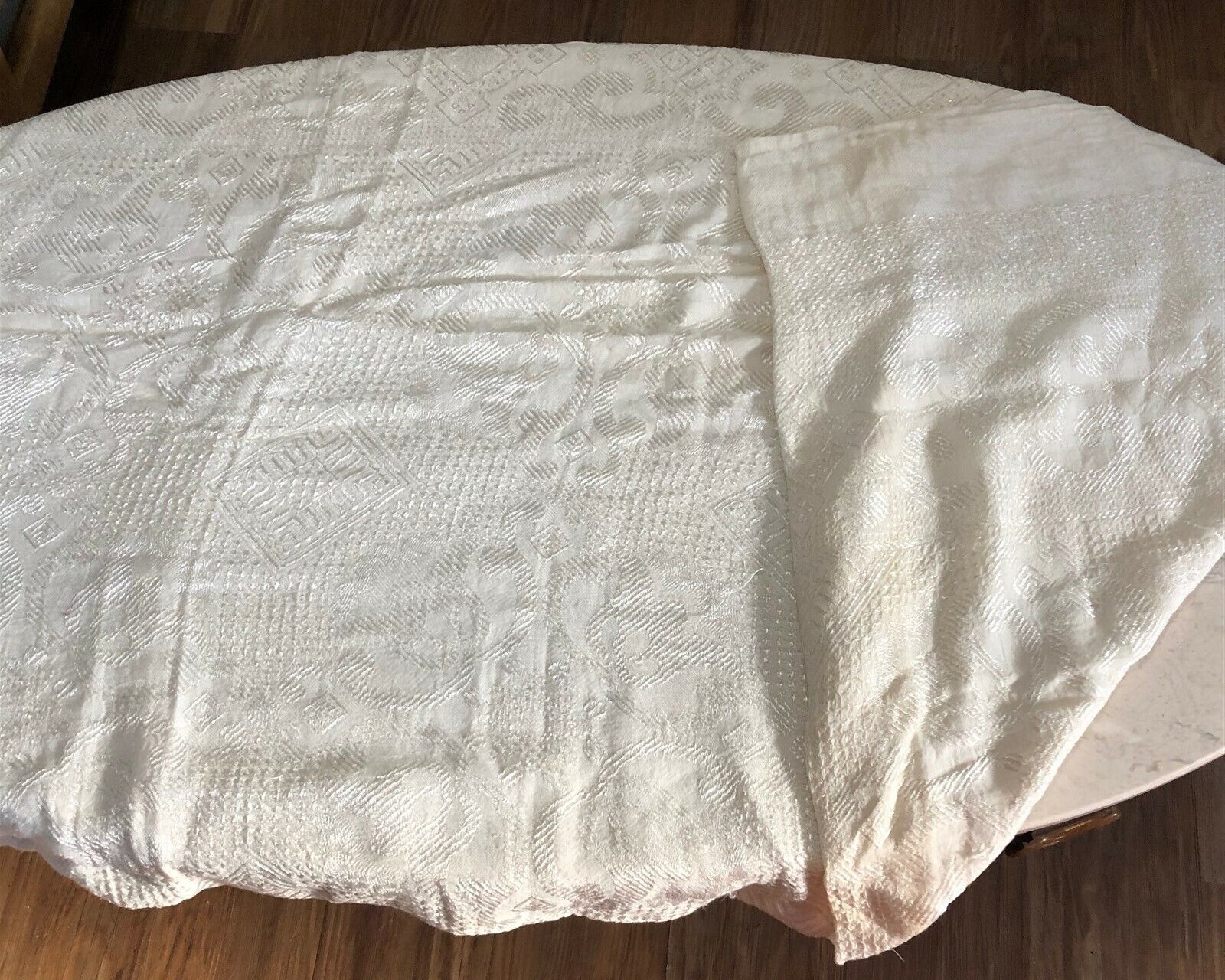 Vintage Coverlet Tablecloth Thin Ivory Beige Woven 72 x 92