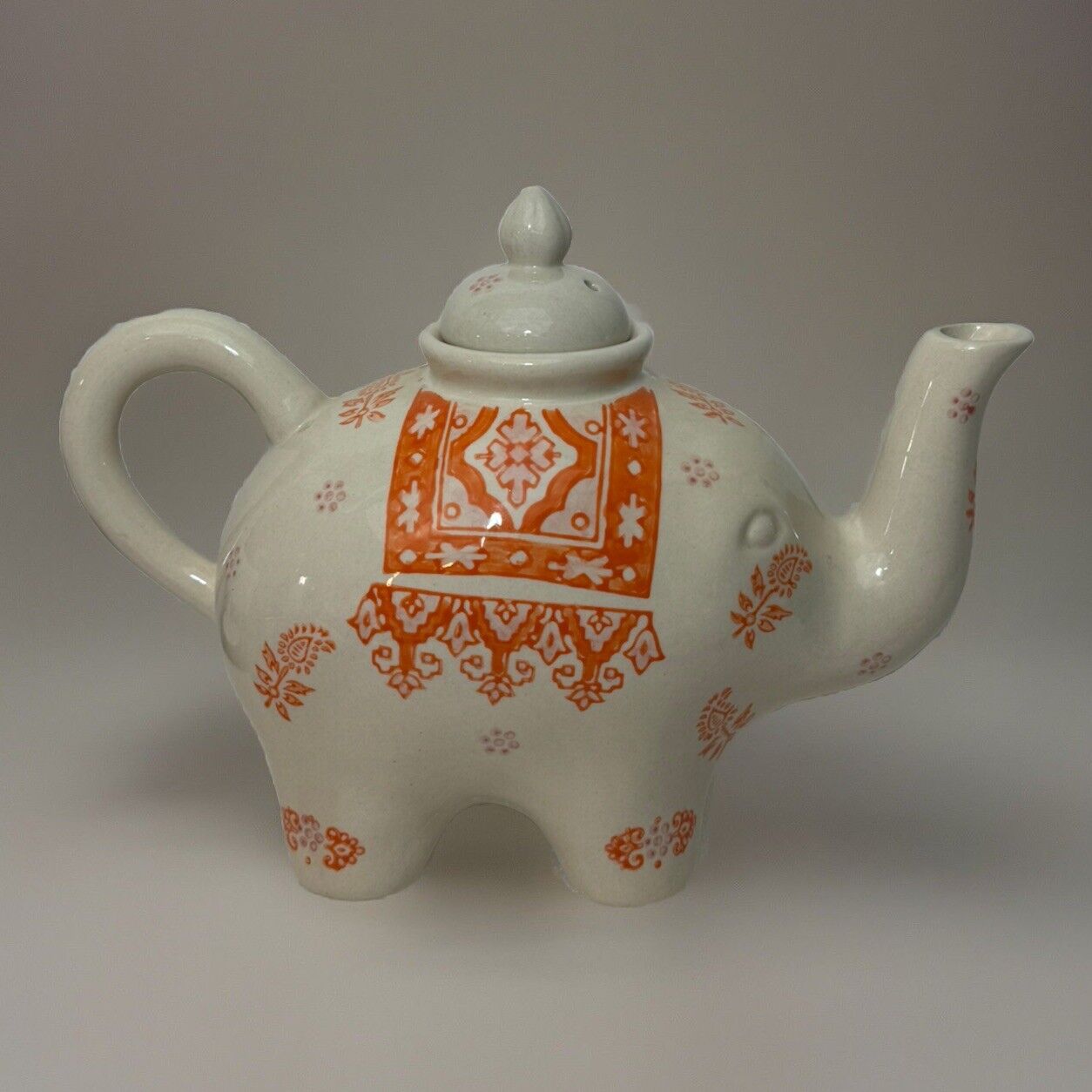 Elephant Tea Pot World Market Ivory With Orange Accent  10 Inch x 7 Inch
