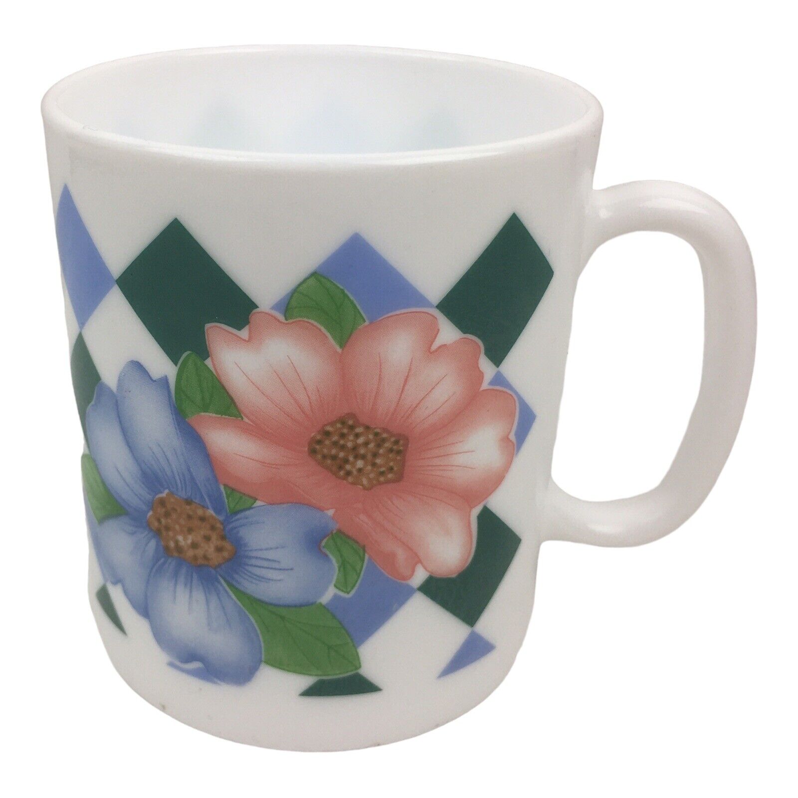 Vintage Arcopal France White Milk Glass Coffee Mug Cup Floral Geometric Diamond