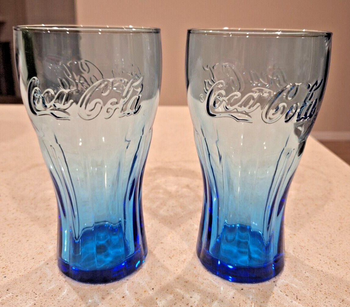 Vintage Cobalt Blue Coca-Cola Coke Co Drinking Glass 16 Oz. 6 in. Retro Set of 2