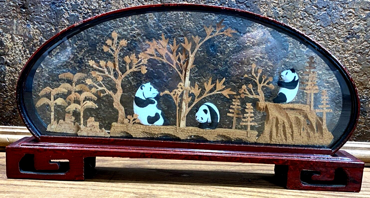 Vintage Chinese Cork Diorama PANDA BEARS w Pagoda Trees  Large Asian Art