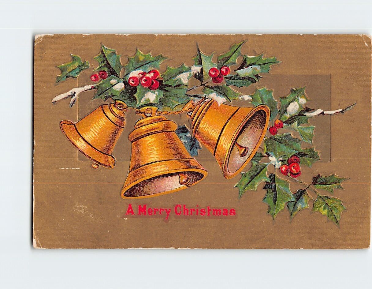 Postcard A Merry Christmas with Bells Hollies Embossed Art Print
