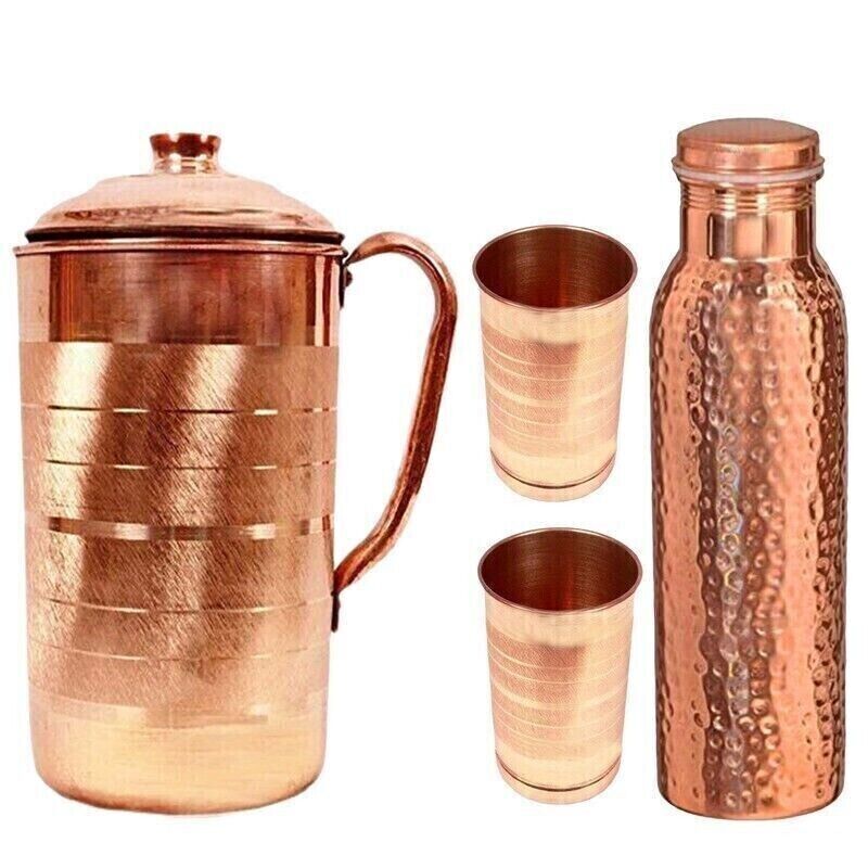 Pure Copper Jug Pitcher, Bottle With Glass Tumbler Set For Health Benefits Set 1