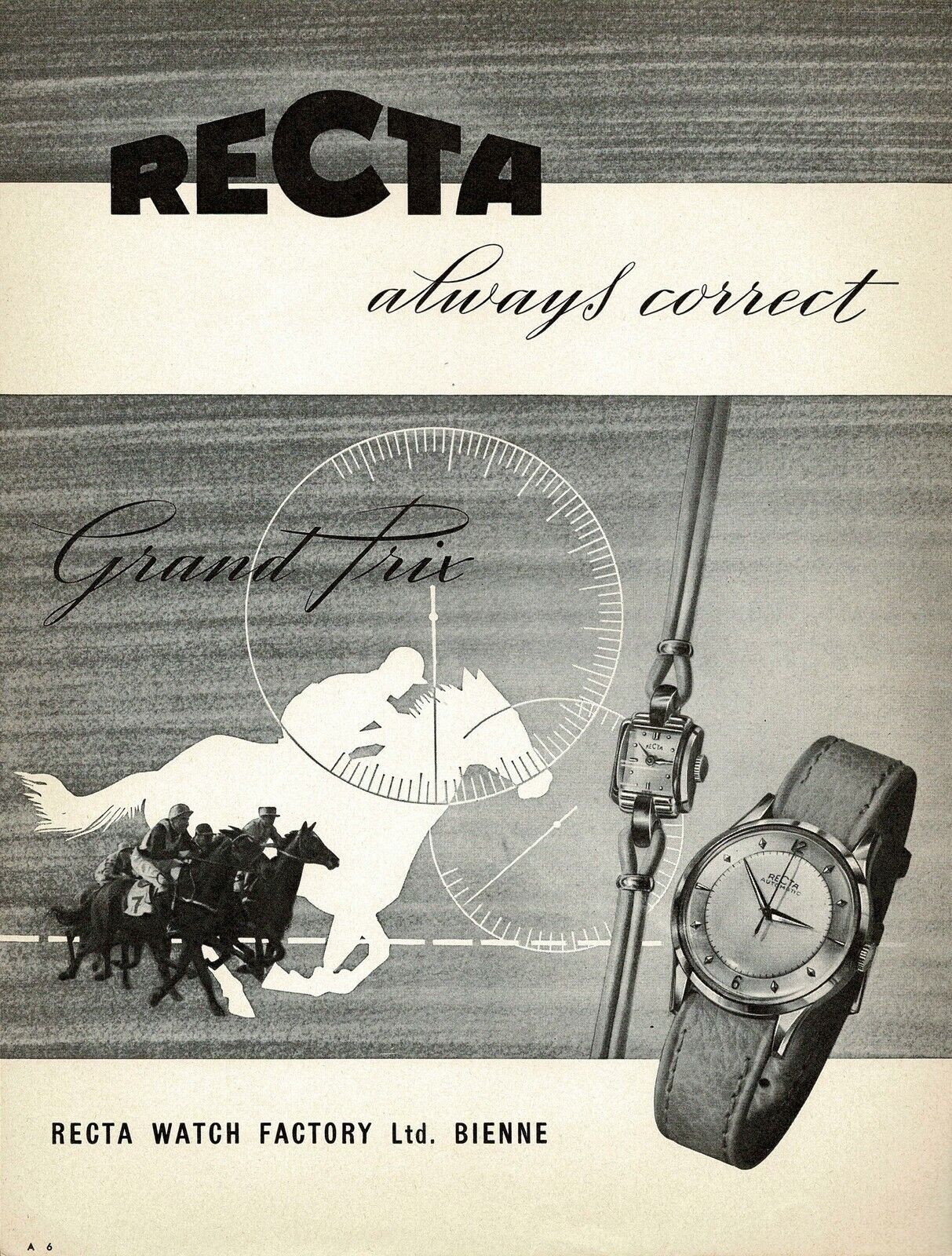 1950s Original Vintage Recta Watch Horse Racing MCM Art Print Ad
