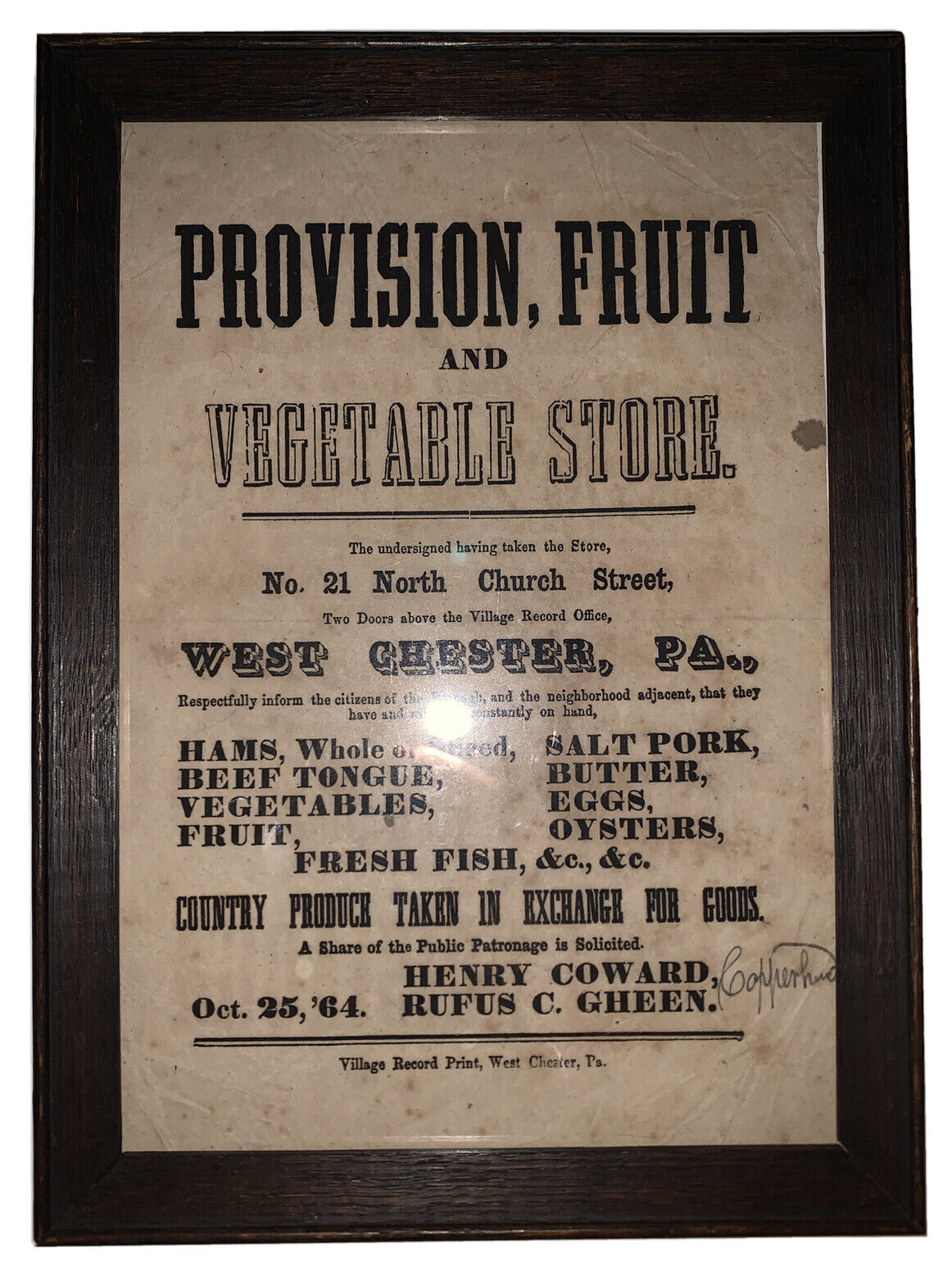 1864, WEST CHESTER, PA, ORIGINAL BROADSIDE, 21 N CHURCH ST, CHESTER COUNTY, PA