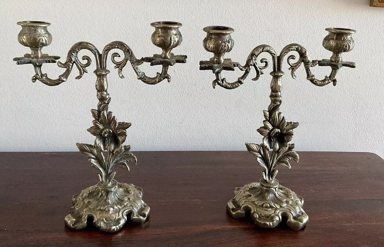 Gorgeous Pair Of Ornate Brass Vintage/antique  Brass Candelabra - Italy