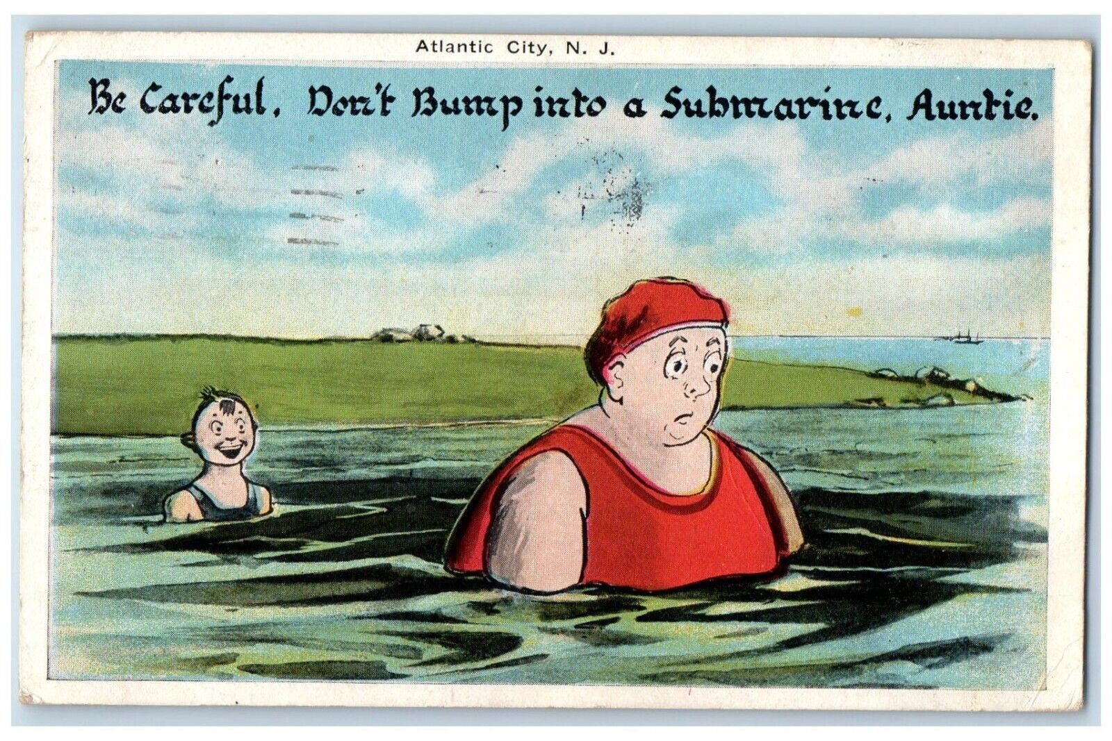 1919 Fat Man Submarine WWI Navy Atlantic City New Jersey NJ Antique Postcard