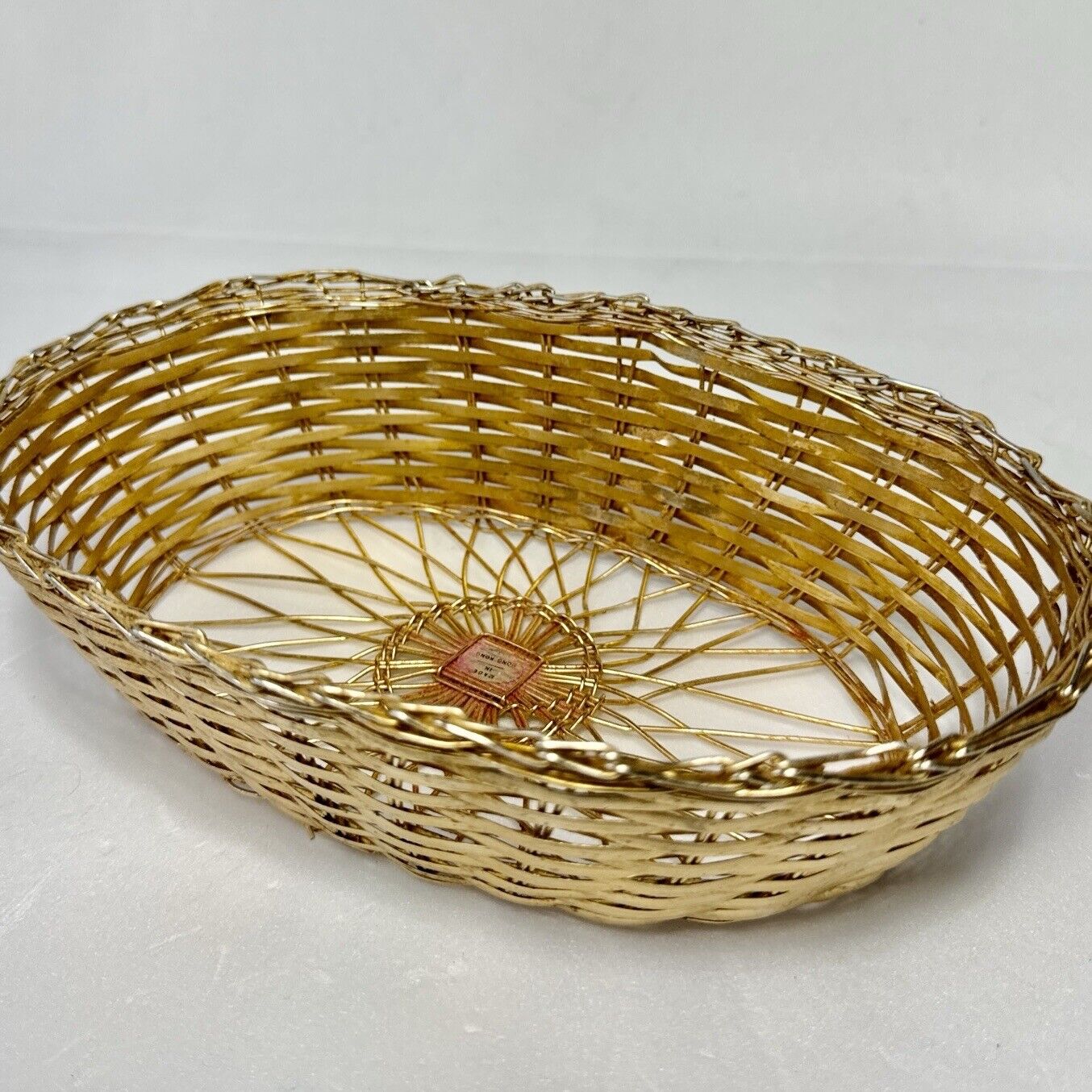 Vintage Gold Tone Oval Woven Wire Basket Organize Storage Decor