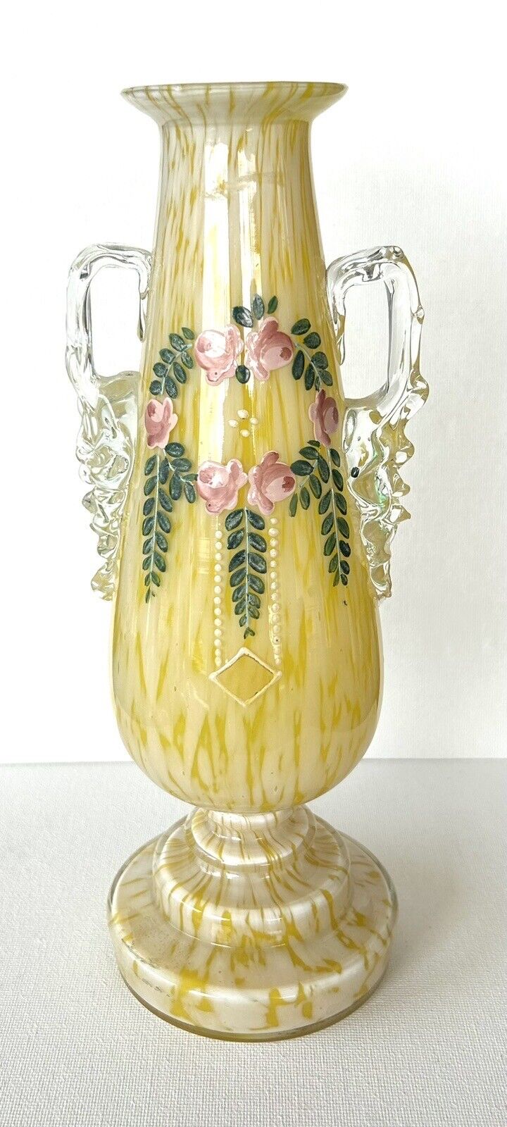 Vintage Franz Walz Style Bohemian Glass Handled Vase Painted Floral 10.5”H