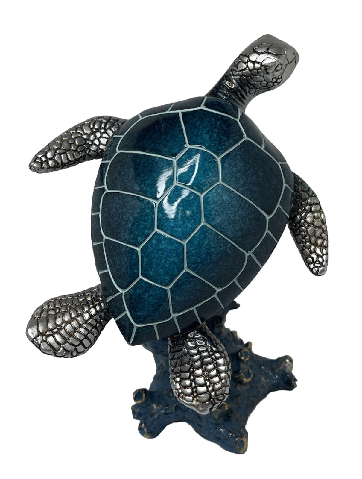 Decorative Ceramic & Blue Leatherback Sea Turtle on Coral Figurine 7”x 6.5”