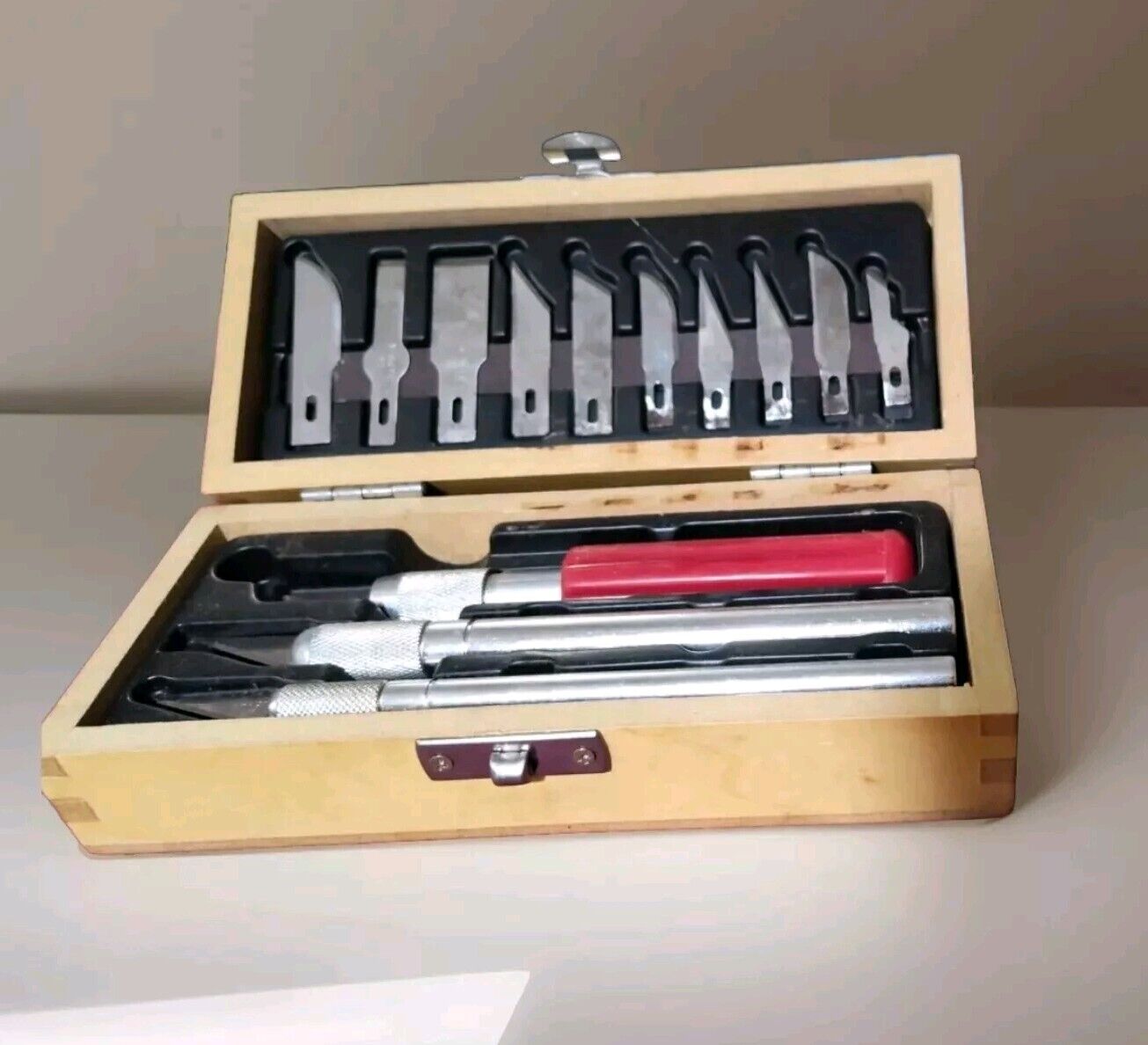 Vintage X-ACTO Knife Set in Wooden Dovetail Hinged Box 3 Handles & 13 Blades EUC