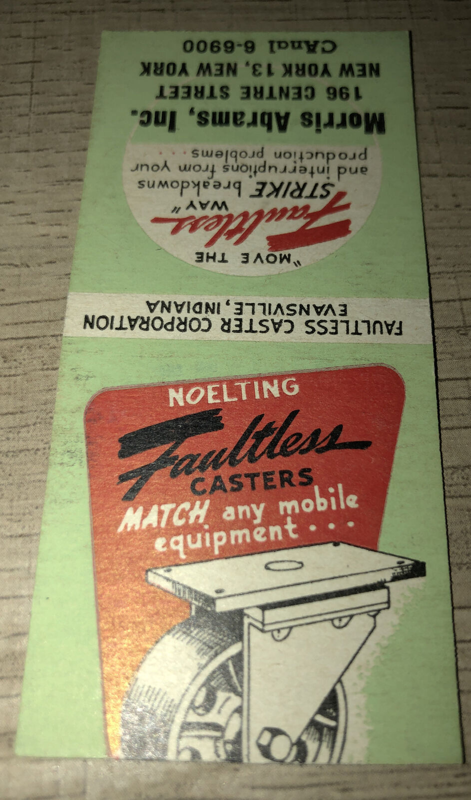 1940s-50s Noelting Faultless Casters Matchbook Morris Abrams Inc. New York NY
