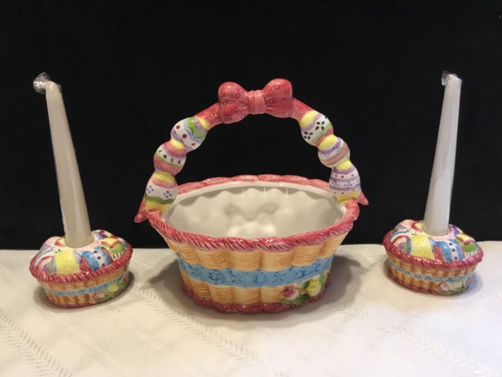 Set of 3 Ceramic Easter Egg Basket & 2 Candleholders Centerpiece NIB   (NN28)