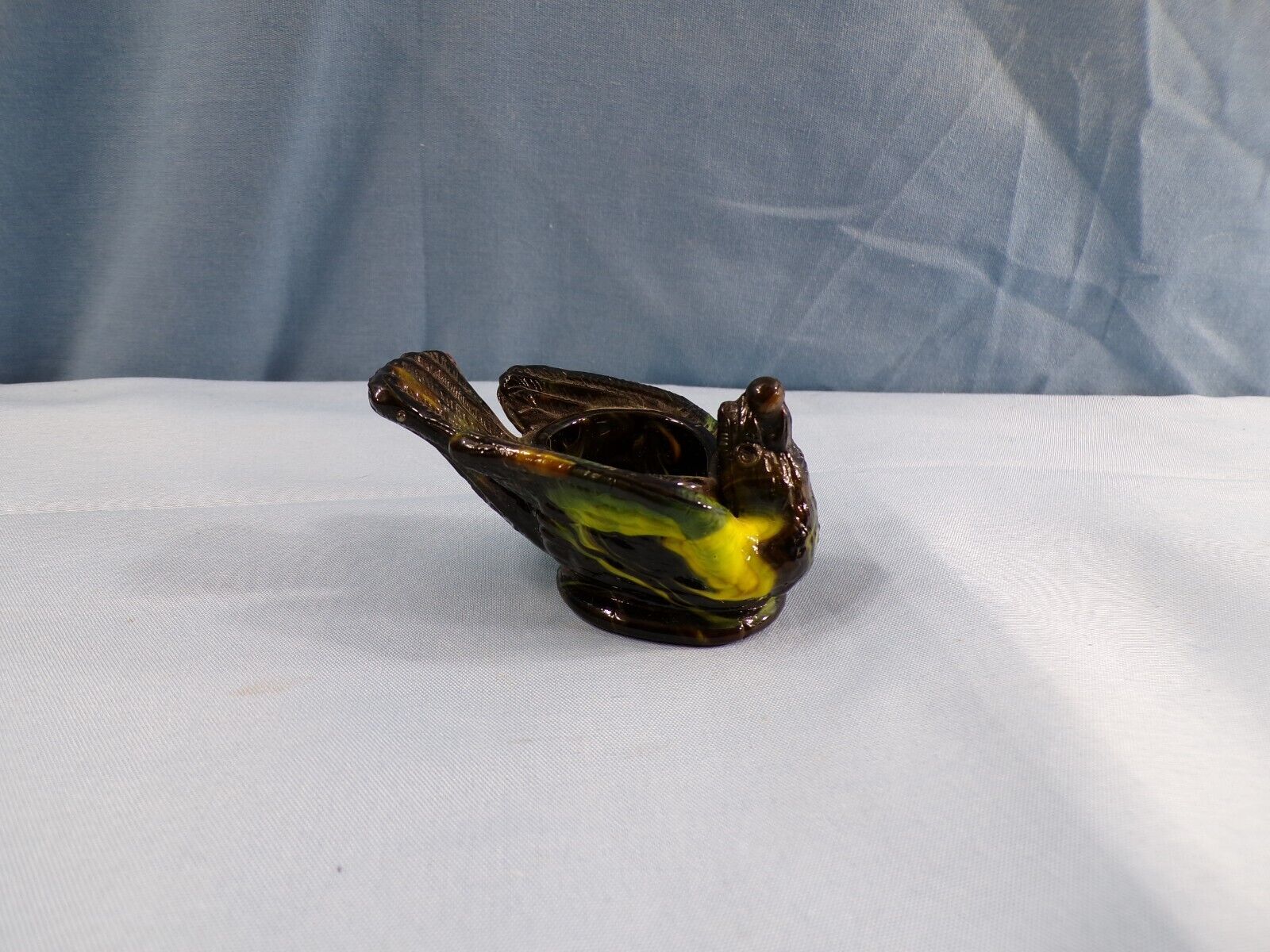 Black & Yellow Slag Glass Bird with Berry Open Salt Dip Cellar
