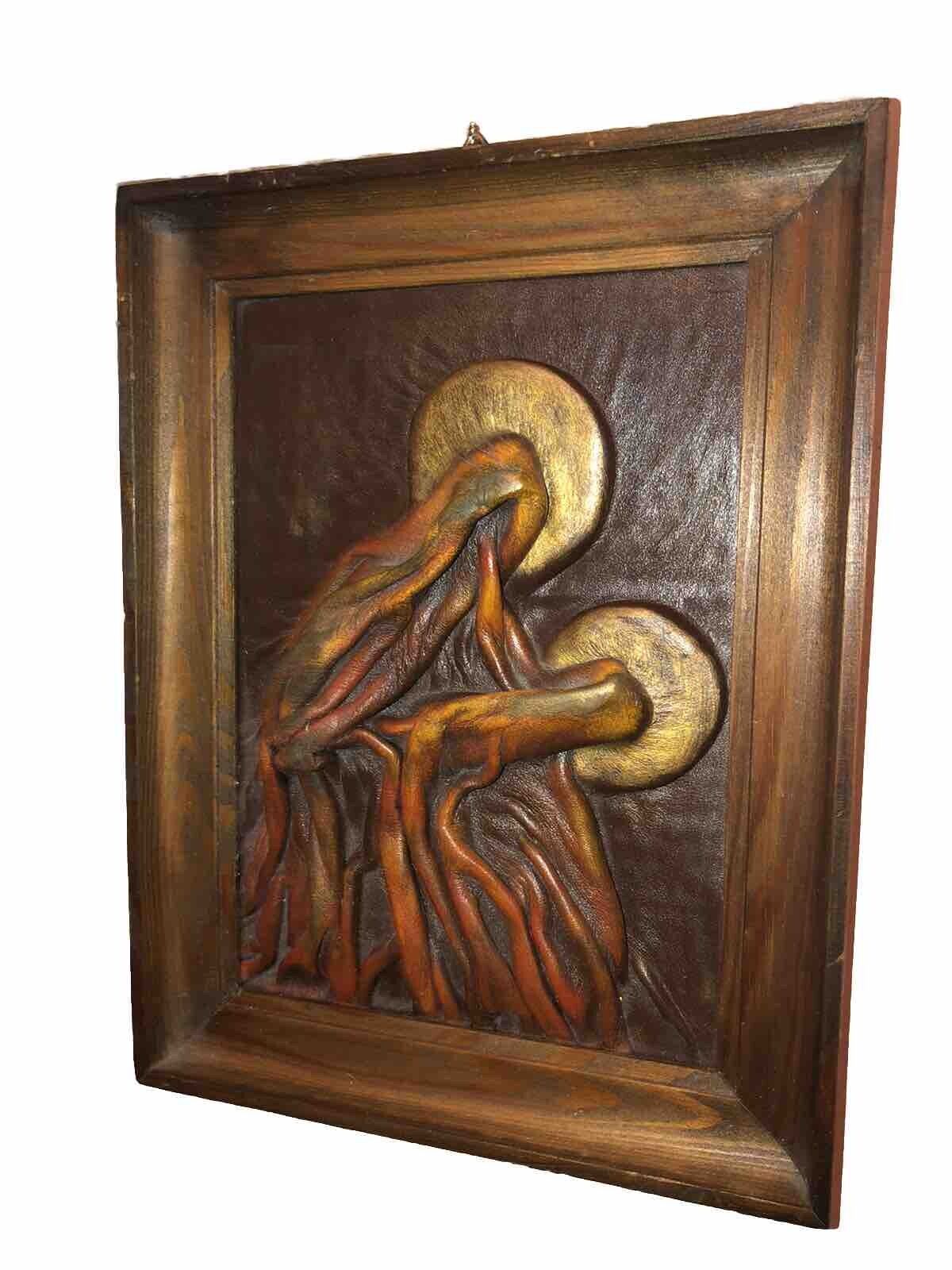 Vintage Rare Draped Leather Wall Picture Abstract Art Work Mother Mary & Jesus ￼