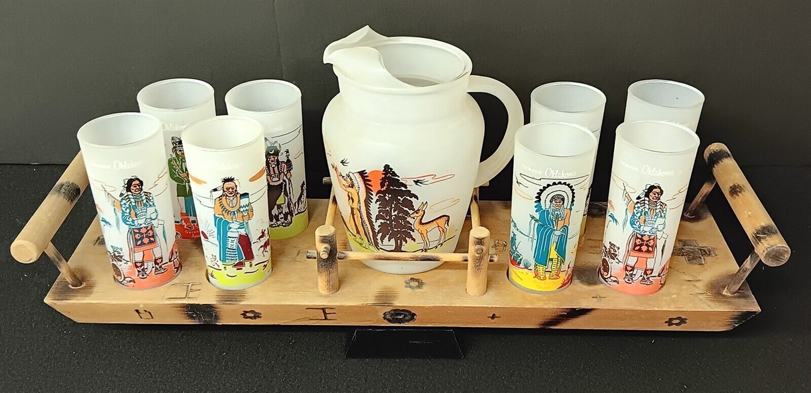 Oklahoma Indian Souvenir Knox Gas Acee Blue Eagle 8 Glasses,Tray,and Pitcher Set