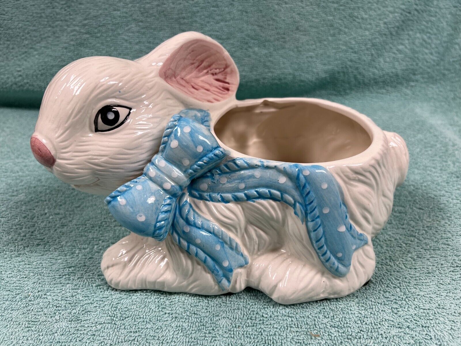 Extra Large Ceramic White Bunny Rabbit Planter w/ Blue Bow Pink Nose & Ears