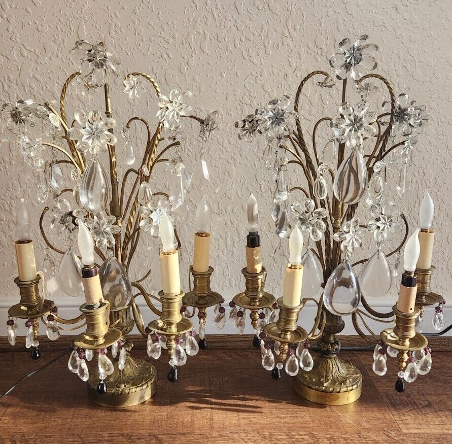 Antique Pair Crystal Girandoles Candelabra Lamps Electric Tabletop Brass Floral