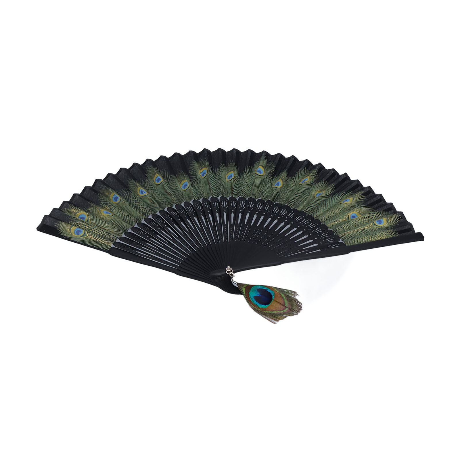 Folding Fan Black Bone Peacock Pattern Bamboo Hand Fan For Performance CT0
