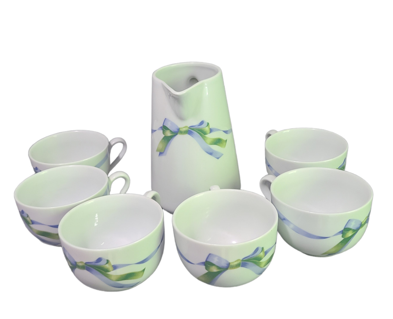 France Porcelain Jacques Coeur Ribbon Tea Coffee Hot Coco Set of 7 Pitcher &Cups
