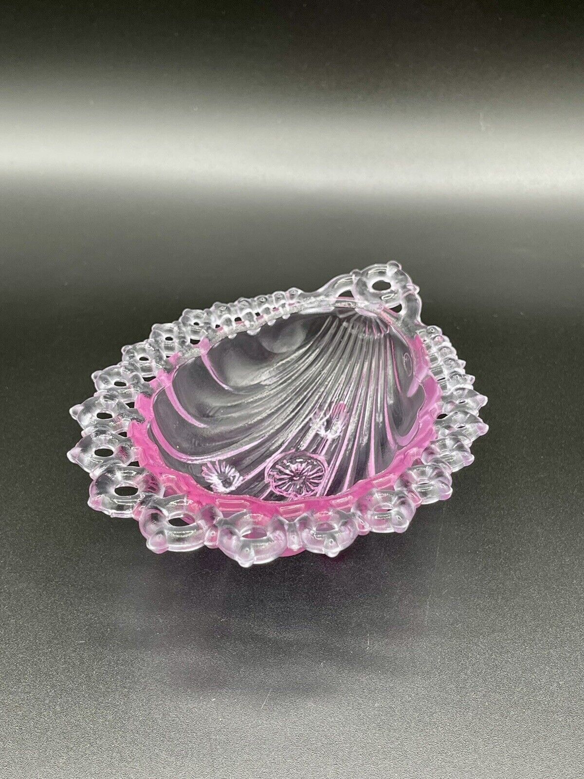 Fenton Art Glass Marked Laced Edge Hot Pink Shell Trinket Dish Bowl Reticulated