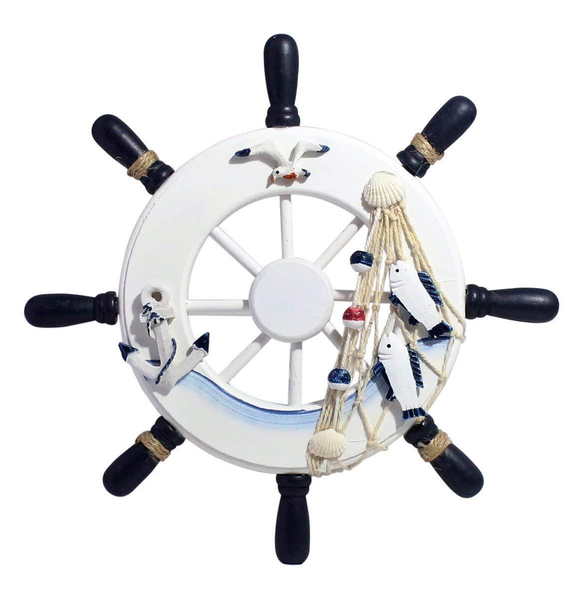 Nautical Wooden Ship Sailboat Boat Steering Wheel Fishing Net Home Decor 13 inch