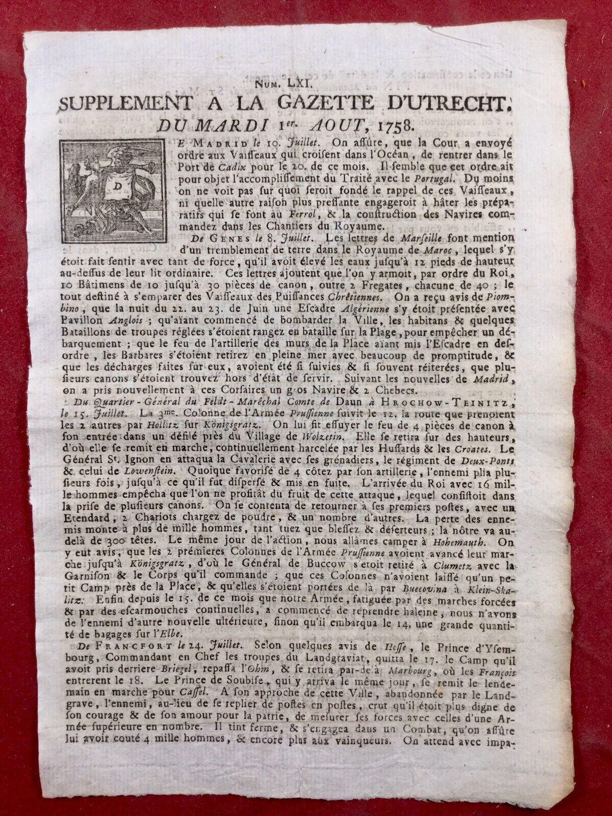 Gazette D’Utrecht 1758 Genova Genoa Italy Saint Malo Earl Daun Königgratz