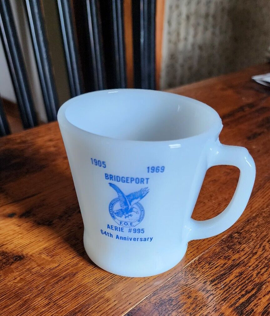 Bridgeport Aerie #995 FOE Fire King Coffee Mug Cup Eagles 1905-1969 Anniversary