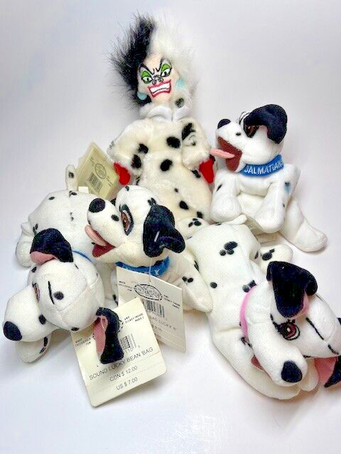 Vintage Disney Store 101 Dalmatians Cruella & Lucky, Jewel, Jack Beanbag Plush
