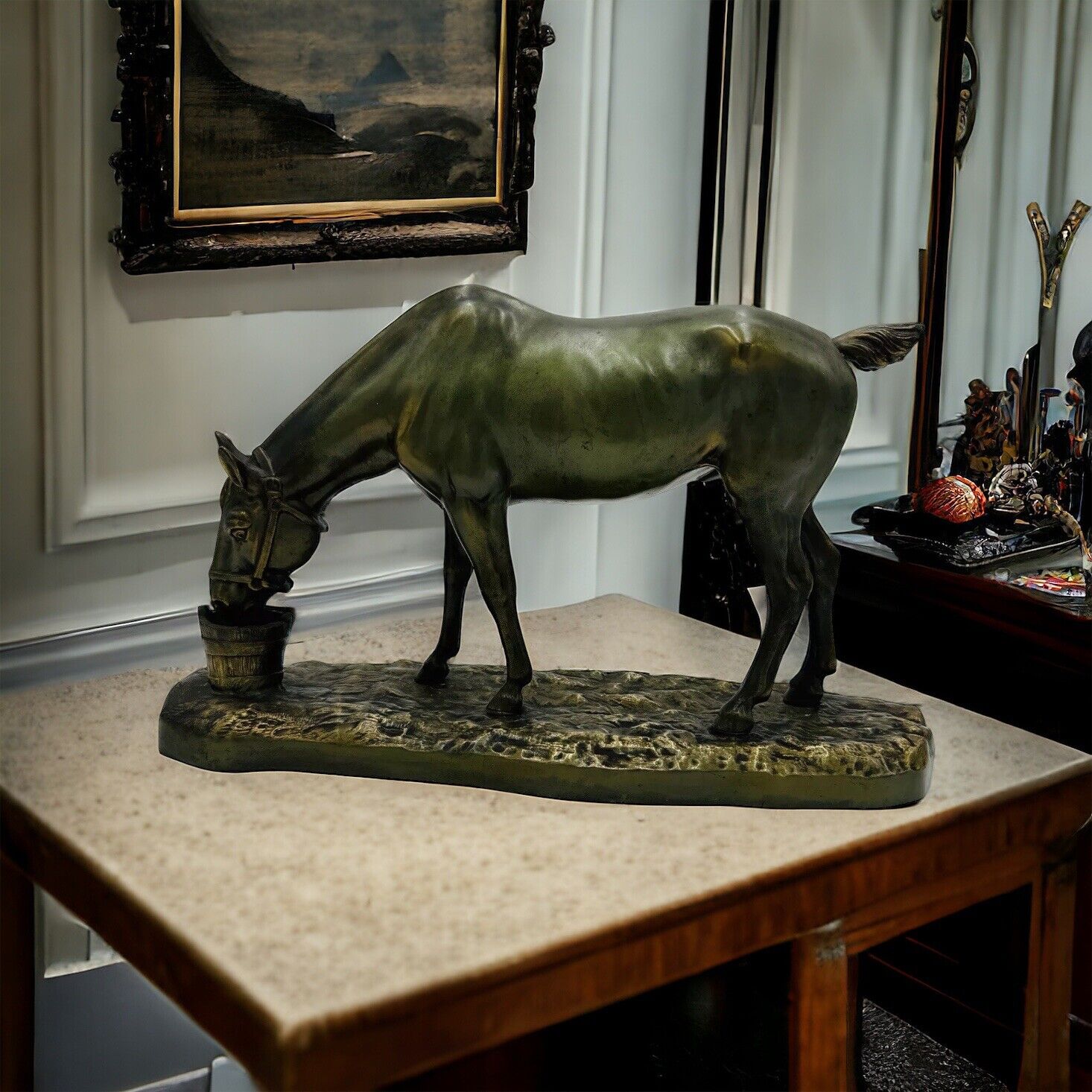 Bronze Horse Eating From Bucket Hollow Cast Sculpture 15in x 8in Vintage Decor
