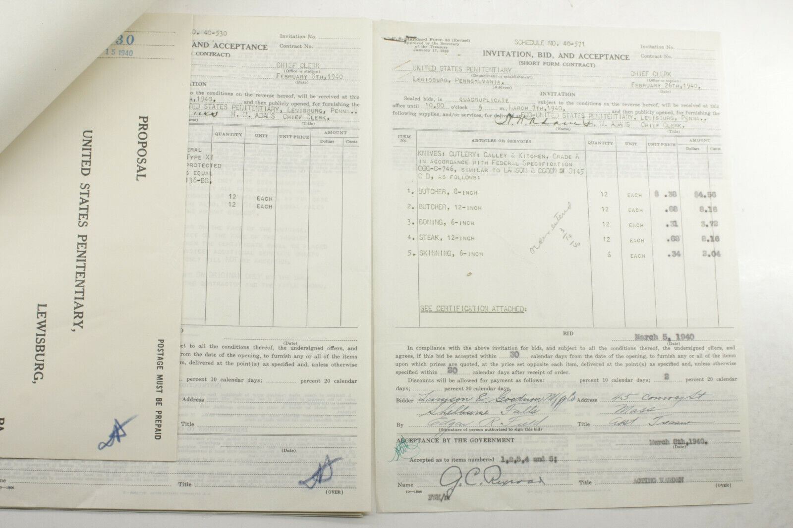1940 Lamson US Penitentiary Lewisburg PA Bid Contract Signed Ephemera P1616C
